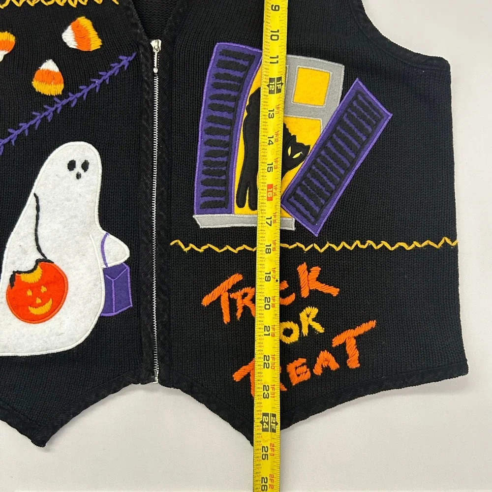Victoria Jones Halloween Sweater Vest Women L Black Zip Up Ghost Pumpkin Bat VTG